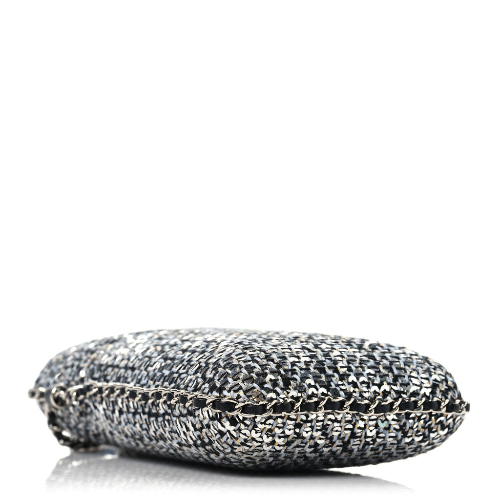 Chanel Tweed Sequin Chain Around Phone Holder Silver Black