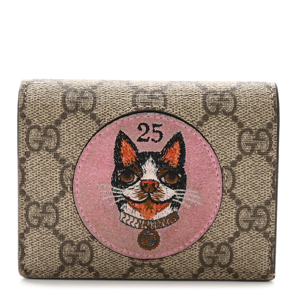 Gucci GG Supreme Monogram Bosco Patch Card Case Wallet Beige Malva Hibiscus Red