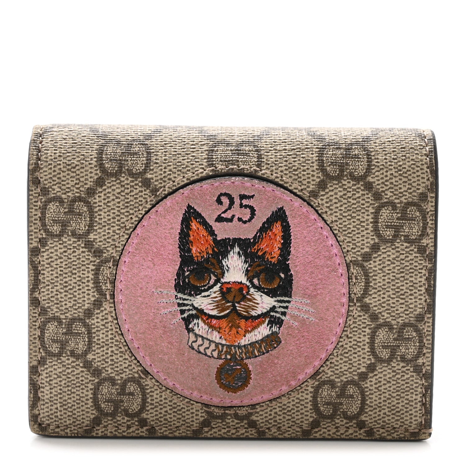 Gucci GG Supreme Monogram Bosco Patch Card Case Wallet Beige Malva Hibiscus Red