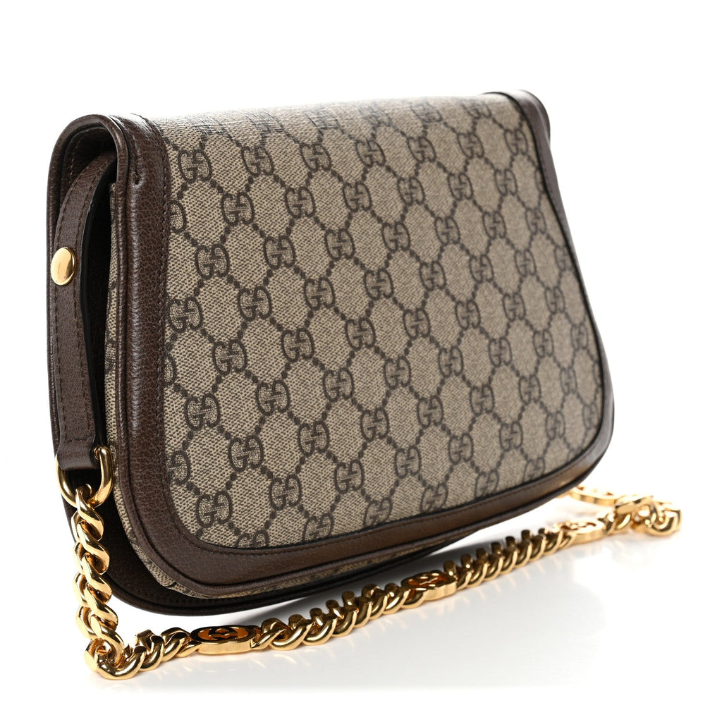 Gucci GG Supreme Monogram Textured Dollar Calfskin Blondie Chain Shoulder Flap Bag Beige Ebony New Acero