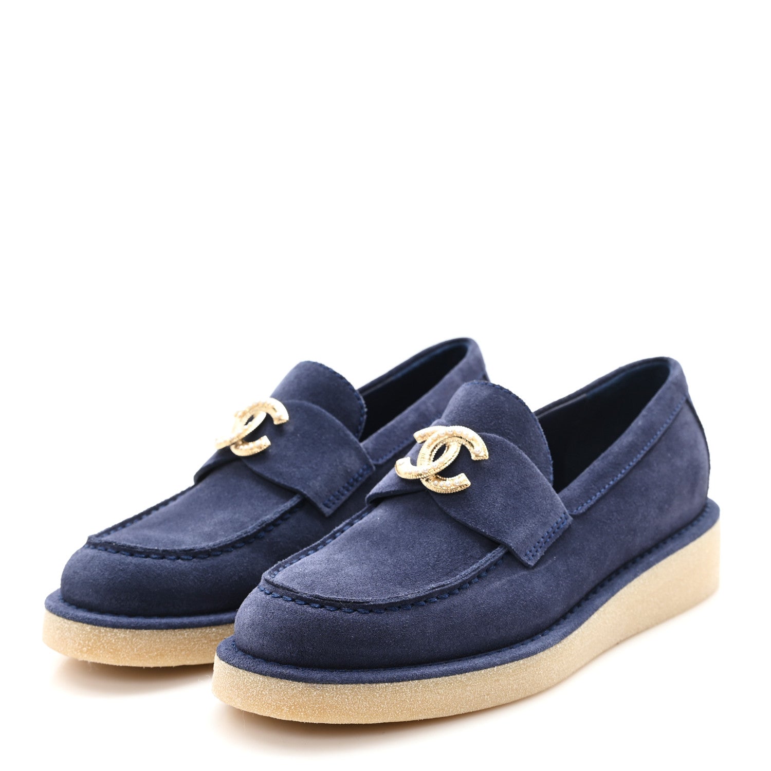 Chanel Suede Calfskin Pearl CC Moccasin Loafers 37 Navy