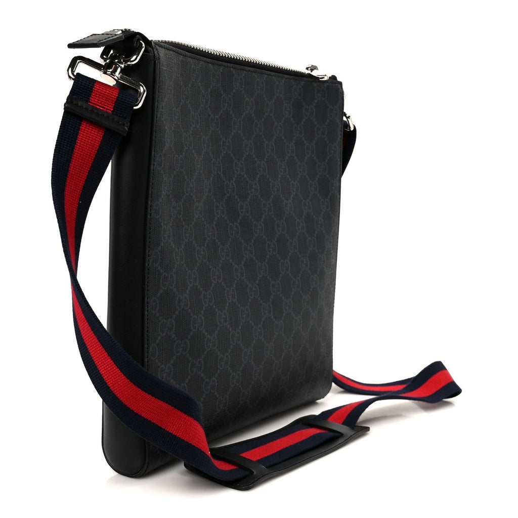 Gucci GG Supreme Monogram Appia Calfskin Web Flat Messenger Bag Black Grey