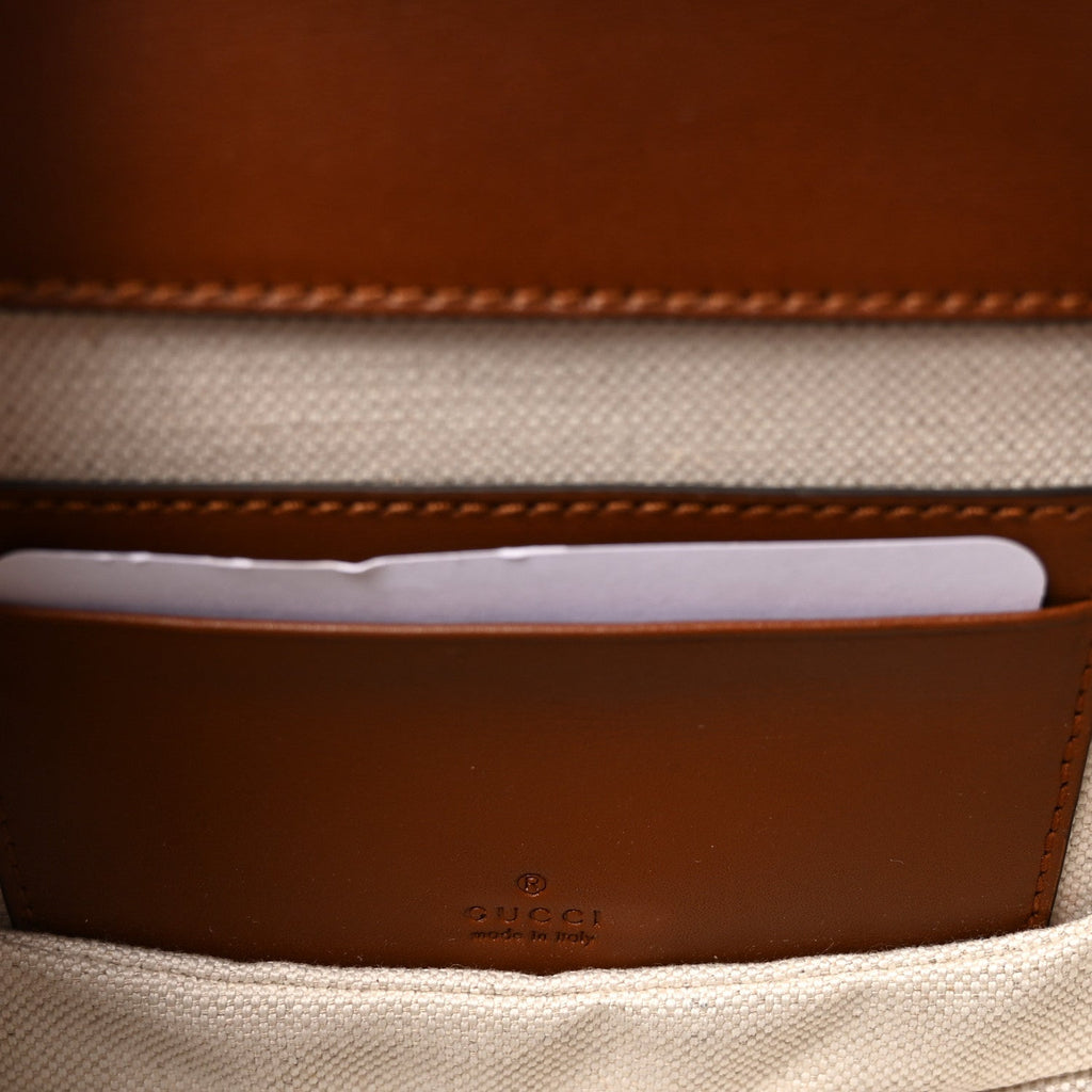 Gucci New Canvas Charisma Calfskin Crystal GG Monogram Small Bamboo 1947 Top Handle Bag Camel Ebony