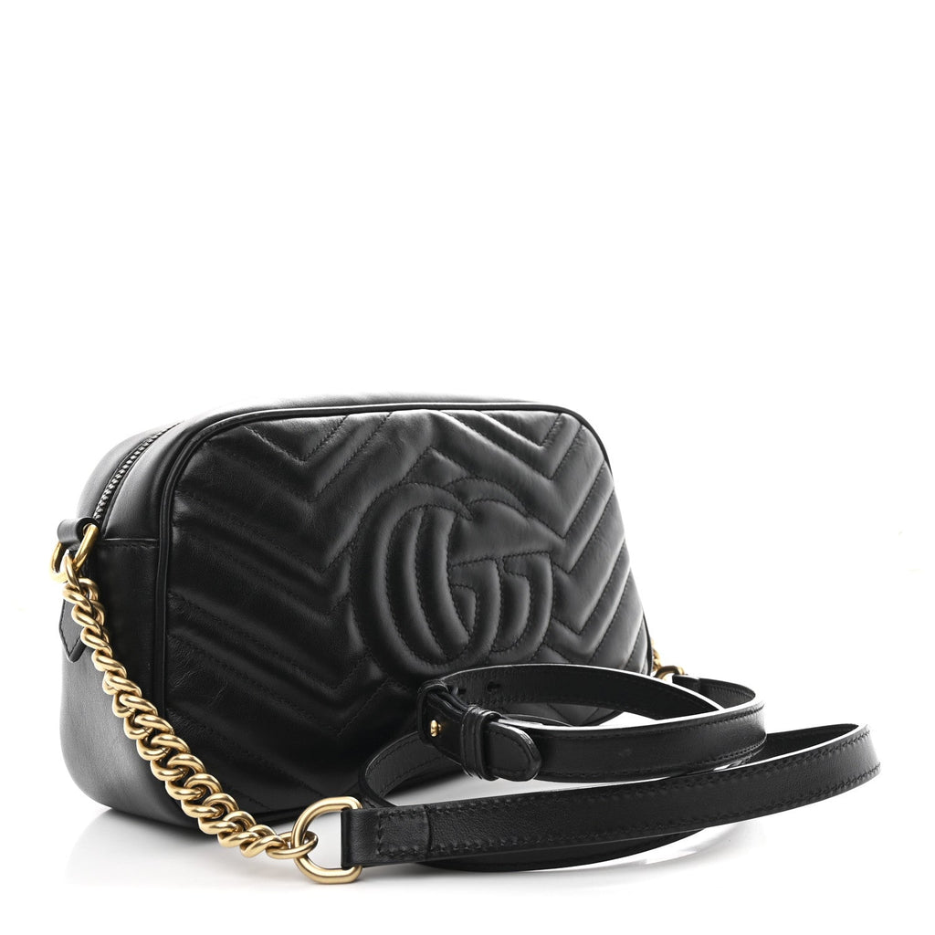 Gucci Calfskin Matelasse Small GG Marmont Chain Shoulder Bag Black