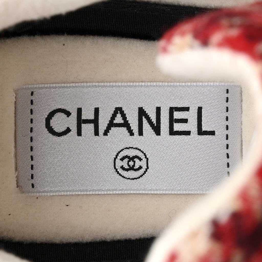 Chanel Wool Tweed Suede Calfskin Womens CC Sneakers 36 Red White Dark Brown Burgundy