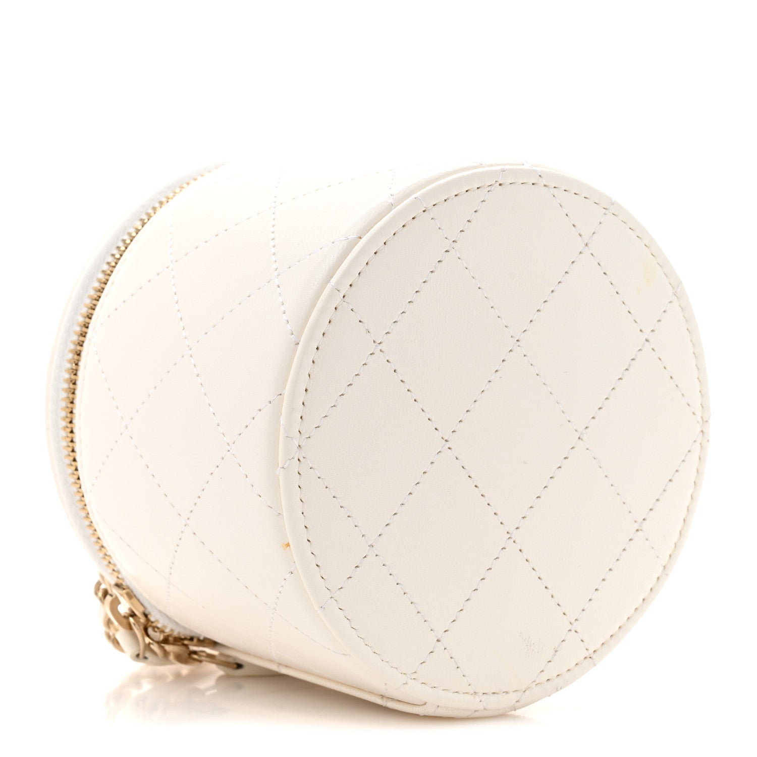 Chanel Lambskin Quilted Round Small Vanity Case With Chain White Black