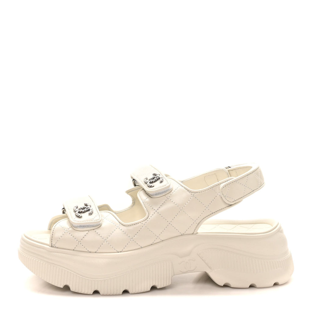 Chanel Shiny Calfskin Chain CC Velcro Dad Platform Sandals 39.5 White