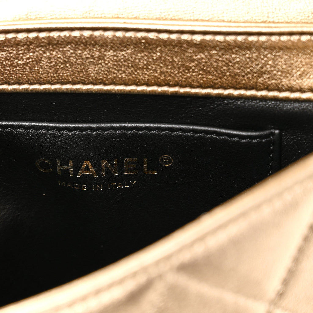 Chanel Metallic Lambskin Quilted Mini CC Crystal Logo Chain Flap Gold