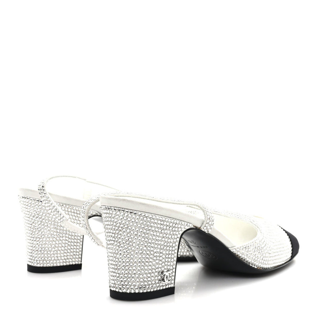 Chanel Strass Grosgrain Cap Toe CC Slingback Pumps 36 Silver Black