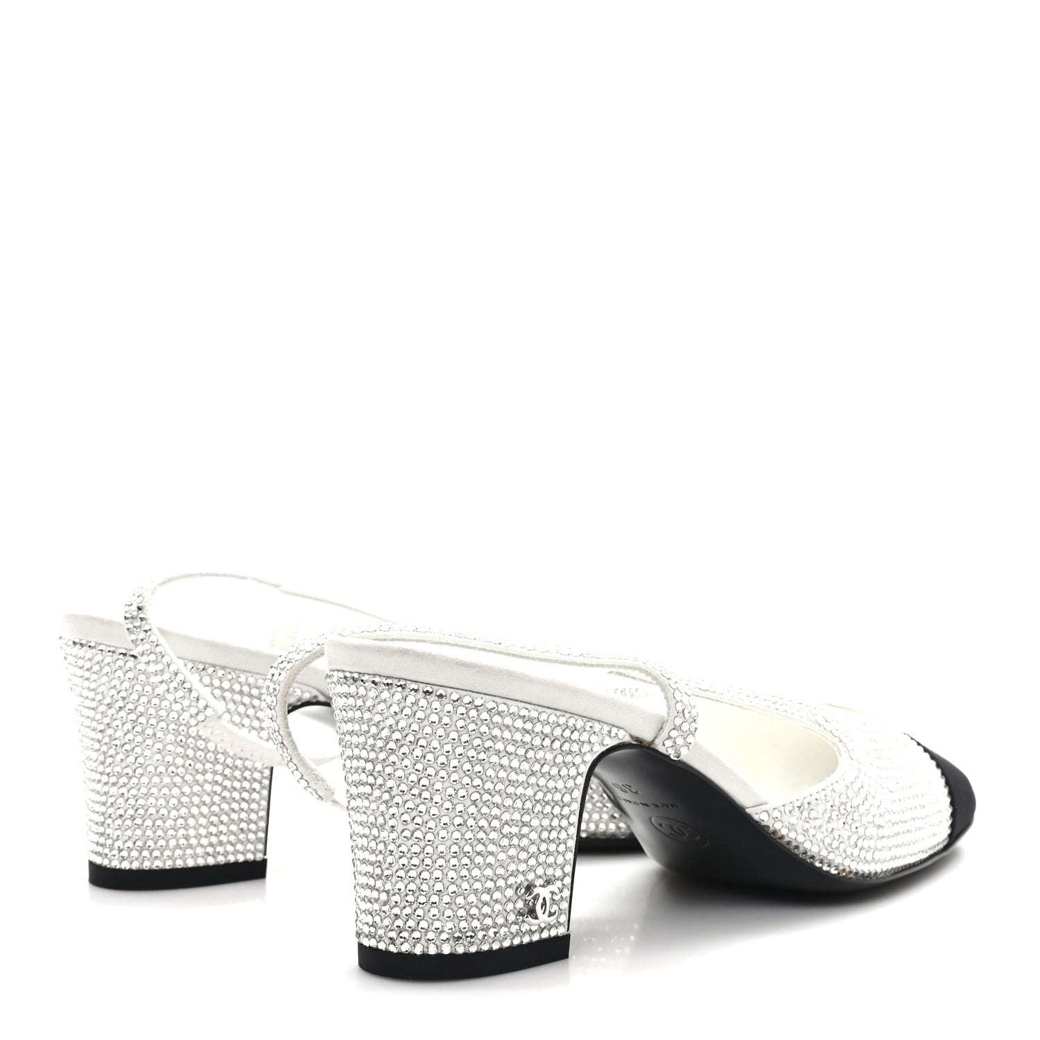 Chanel Strass Grosgrain Cap Toe CC Slingback Pumps 36 Silver Black