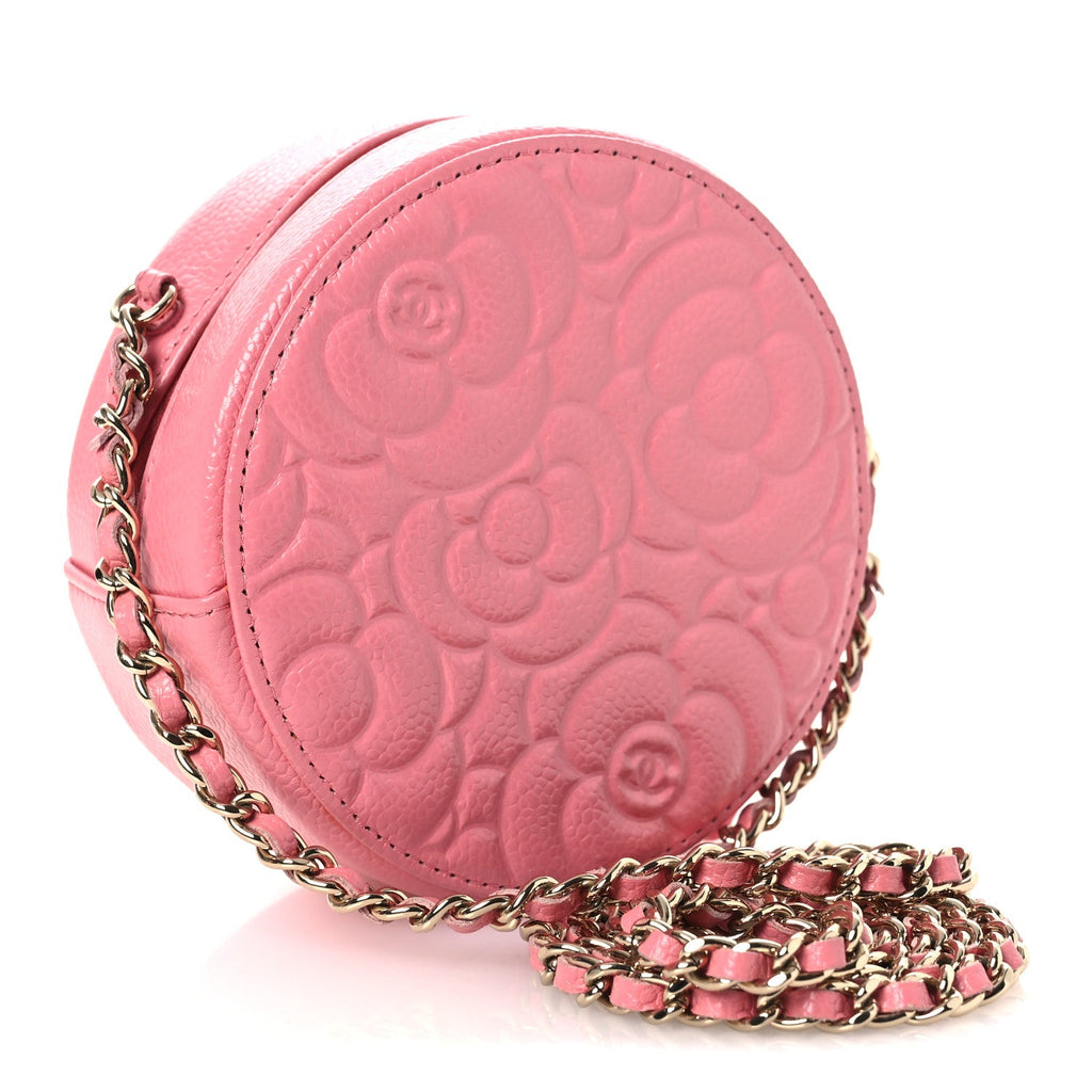 Chanel Caviar Camellia Embossed Round Clutch With Chain Pink