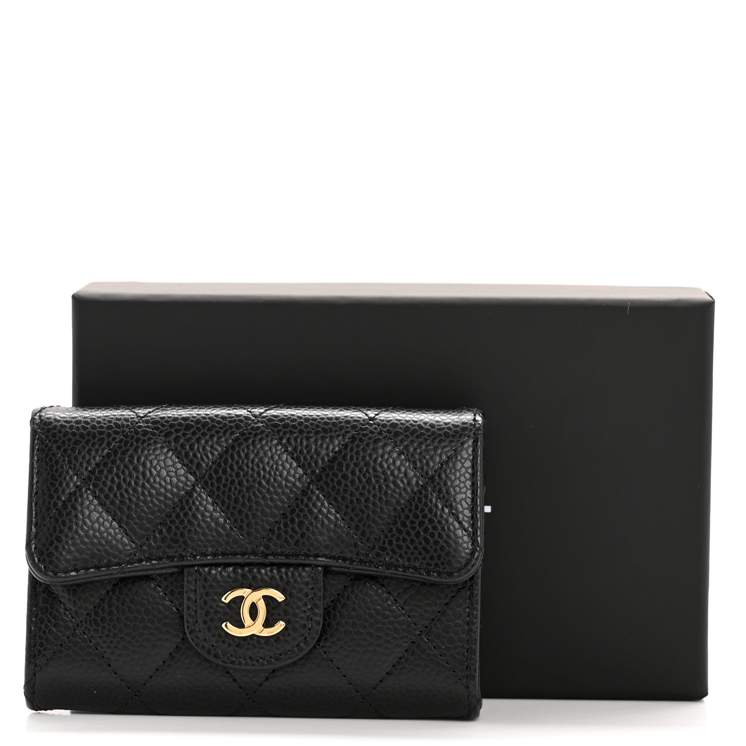 Caviar Quilted Flap Card Holder Wallet Black