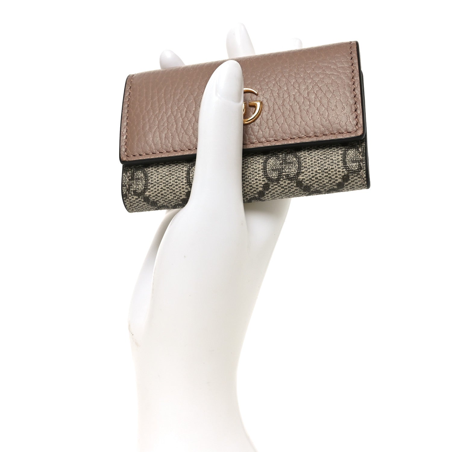 Gucci Dollar Calfskin GG Supreme Monogram GG Marmont 6 Key Holder Case Old Rose Beige Ebony