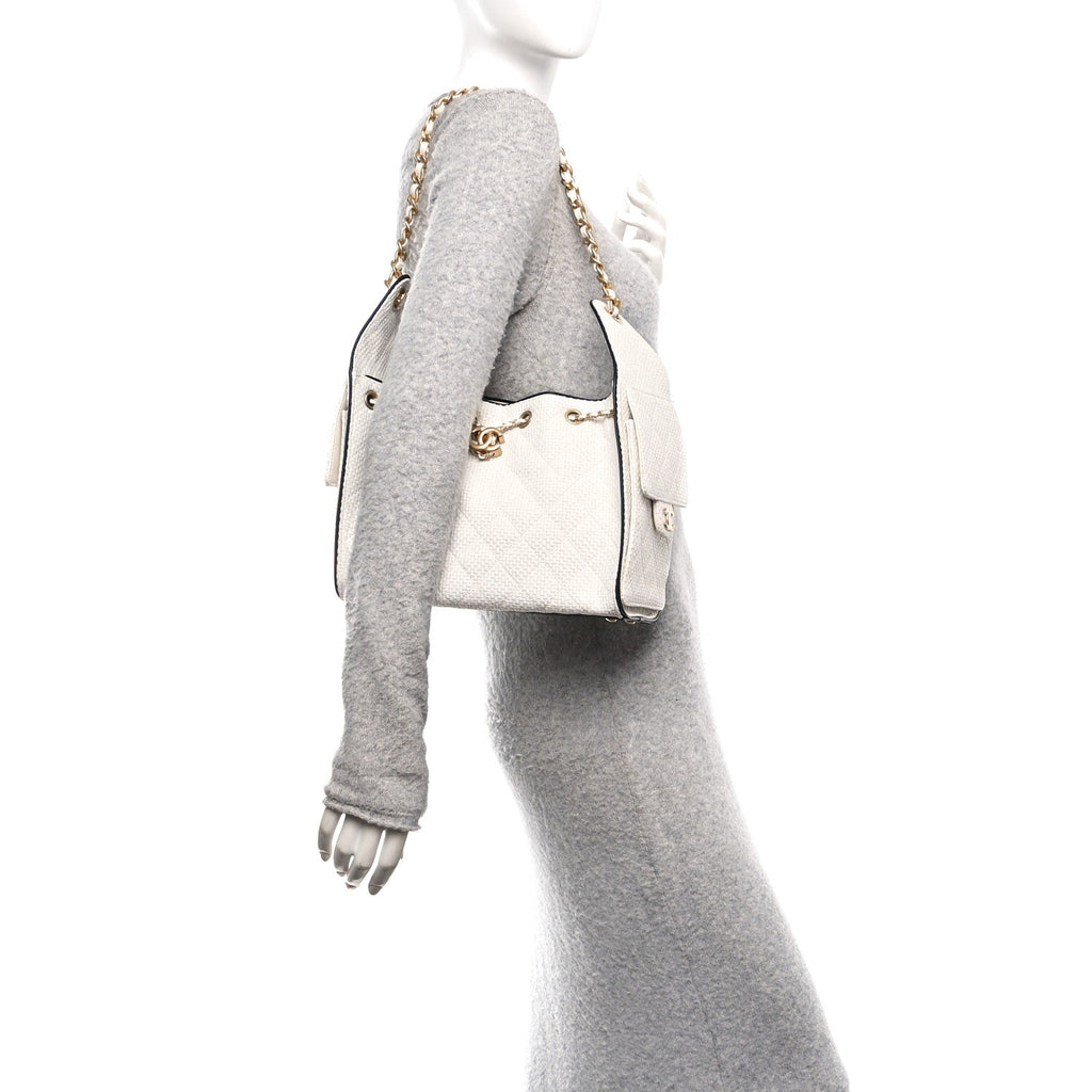 Chanel Braided Raffia Calfskin Quilted Small Chanel 25 Handbag White Black