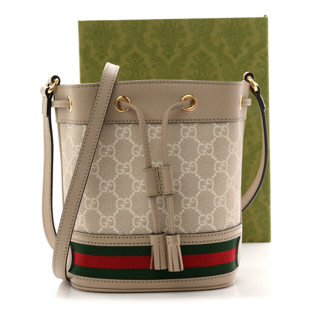 Gucci GG Supreme Monogram Textured Calfskin Web Mini Ophidia Bucket Bag Beige Ebony Mystic White Oatmeal