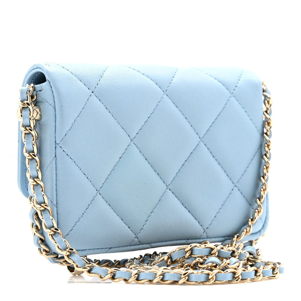 Chanel Lambskin Quilted Chain Around Coin Purse With Chain Light Blue