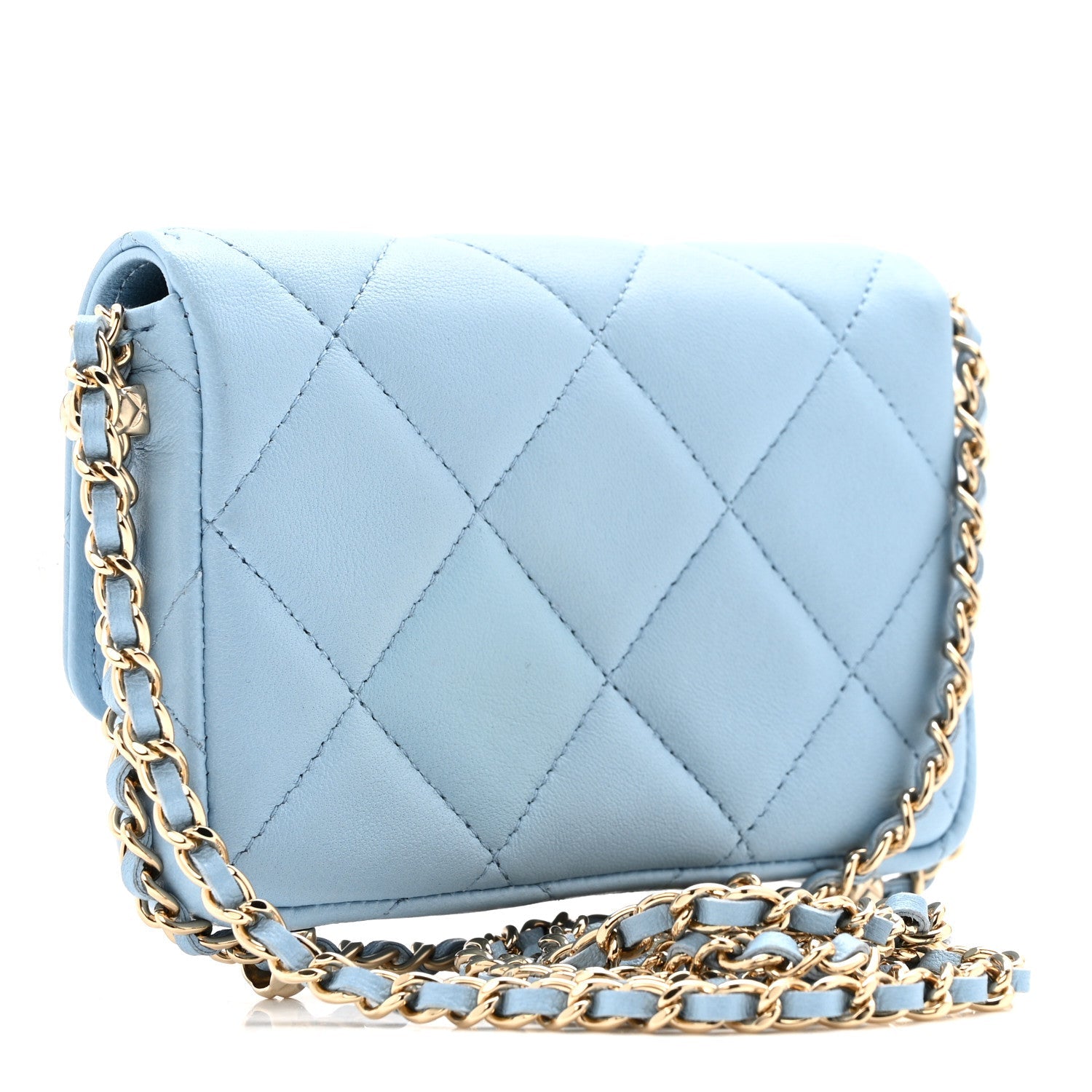 Chanel Lambskin Quilted Chain Around Coin Purse With Chain Light Blue
