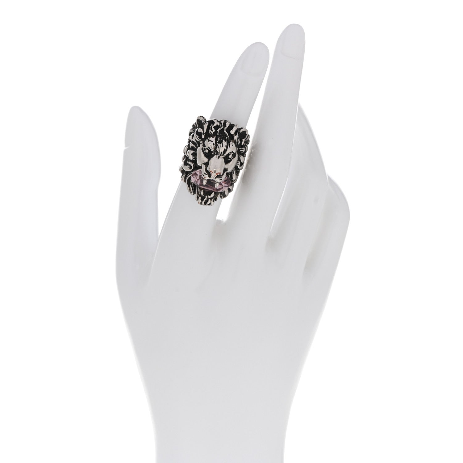 Gucci Metal Crystal Lion Head Ring 53 6.25 Pink Silver