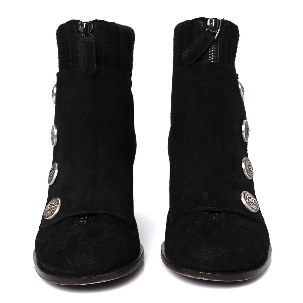 Chanel Suede Calfskin Knit Button Ankle Boots 36.5 Black