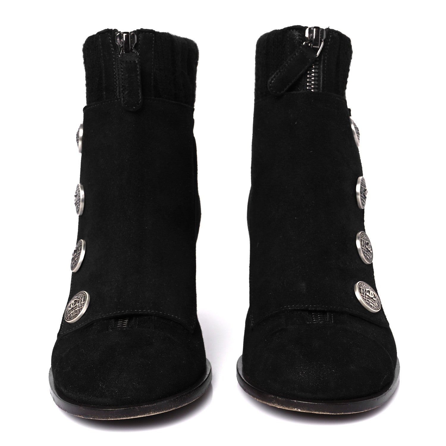 Chanel Suede Calfskin Knit Button Ankle Boots 36.5 Black