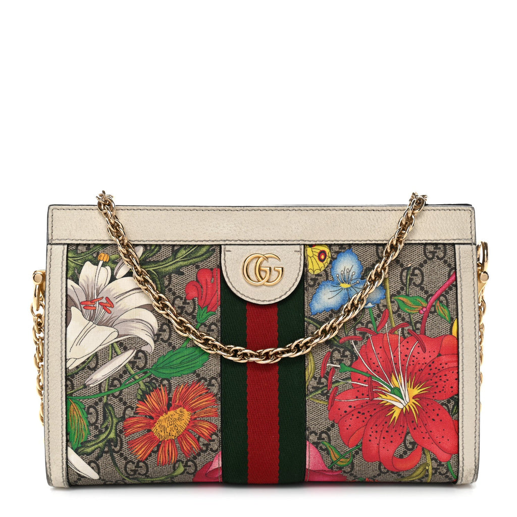 Gucci GG Supreme Monogram Flora Web Small Ophidia Chain Shoulder Bag White