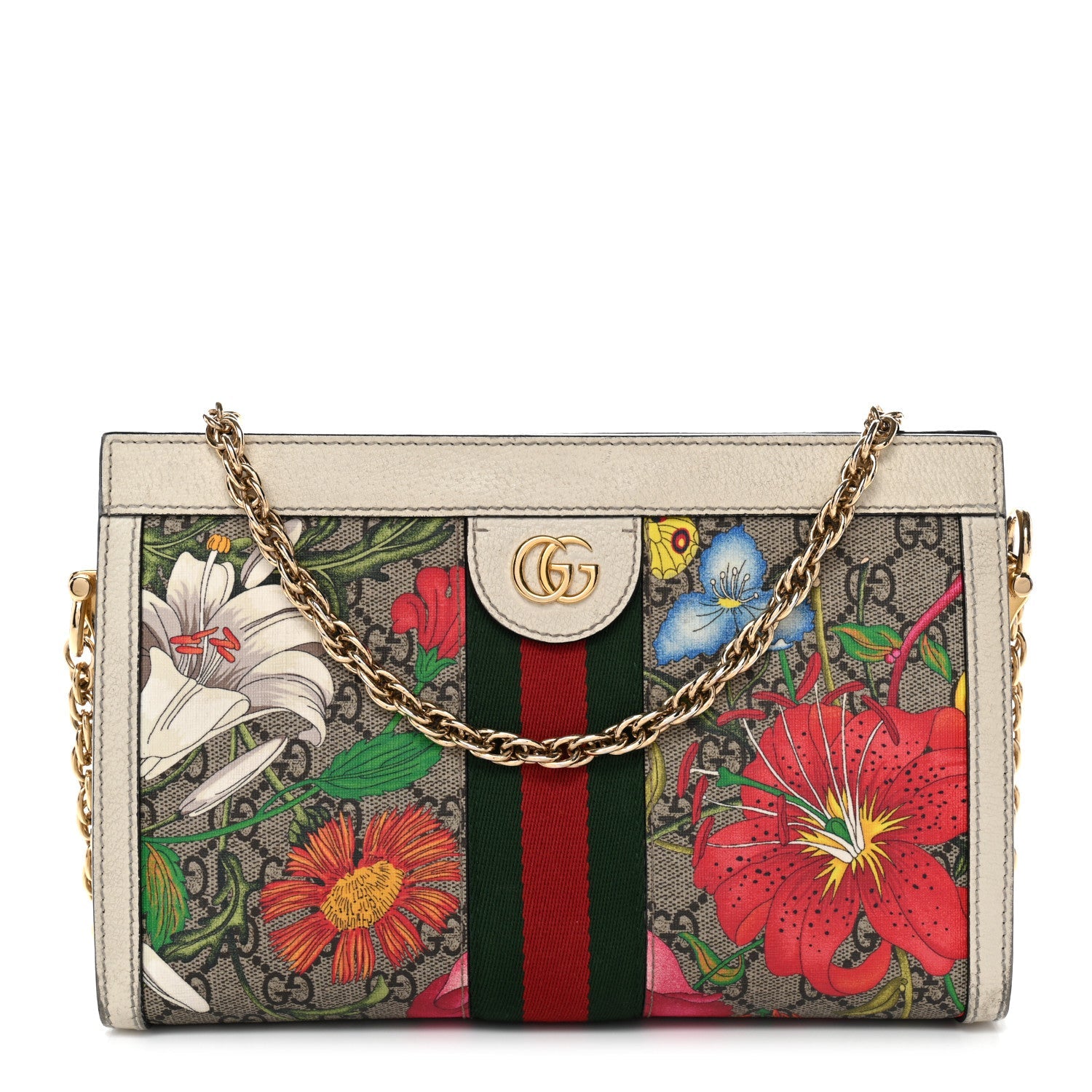 Gucci GG Supreme Monogram Flora Web Small Ophidia Chain Shoulder Bag White
