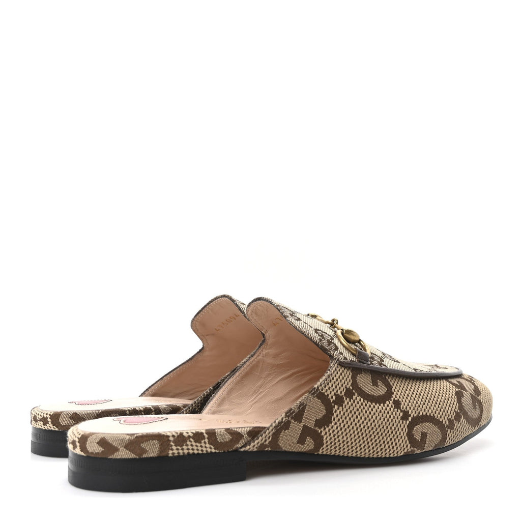 Gucci Monogram Jumbo GG Malaga Kid Womens Princetown Slippers 35.5 Camel Ebony New Acero Beige