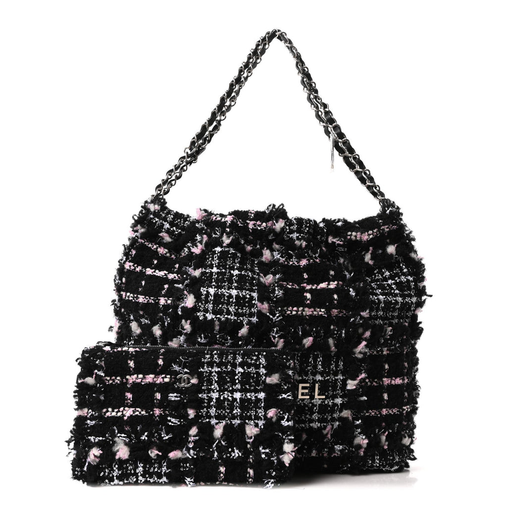 Chanel Tweed Patchwork Quilted Small Chanel 22 Black Pink White