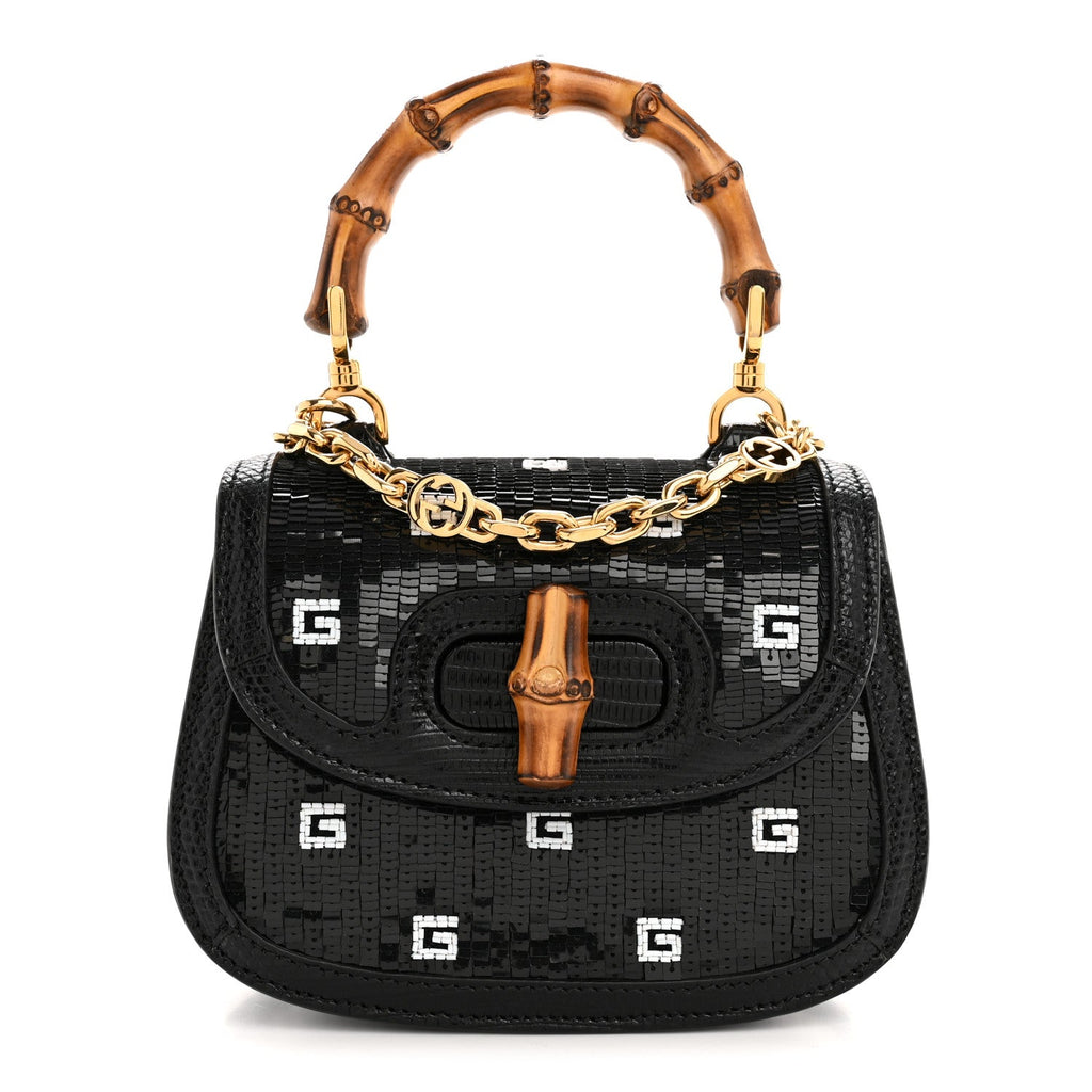 Gucci Sequin Lizard Embossed GG Mini Bamboo 1947 Top Handle Chain Bag Black White