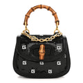Gucci Sequin Lizard Embossed GG Mini Bamboo 1947 Top Handle Chain Bag Black White
