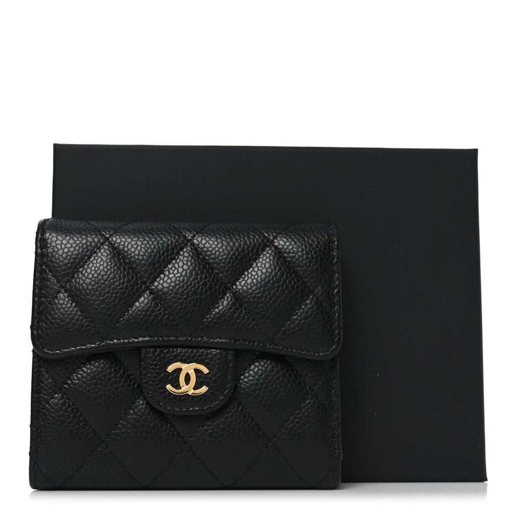 Caviar Quilted Compact Flap Wallet Black