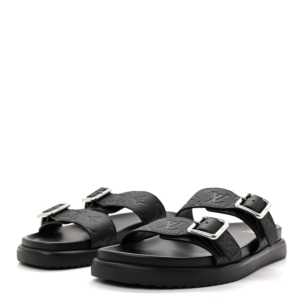 Louis Vuitton Grained Calfskin Embossed Monogram Mens Venice Mule Sandals 11 Black