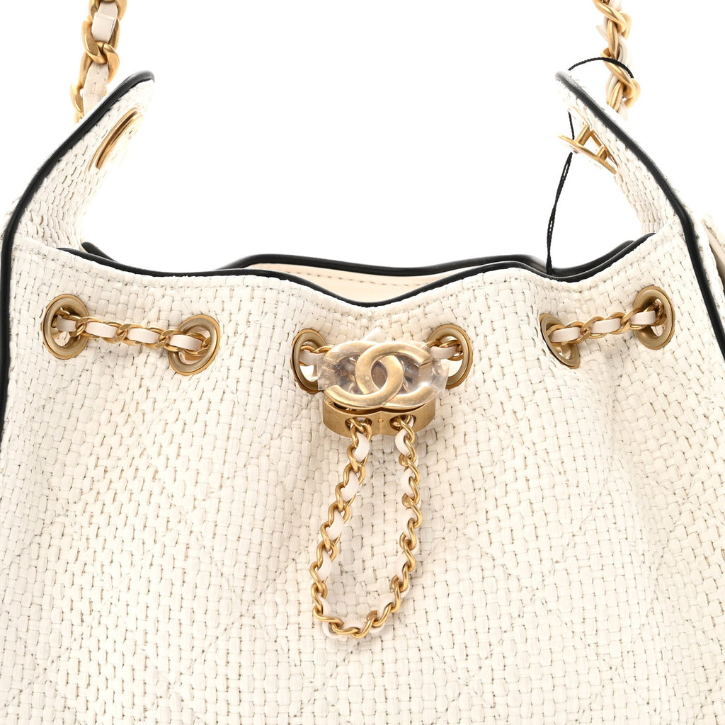 Chanel Braided Raffia Calfskin Mini Chanel 25 Handbag White Black