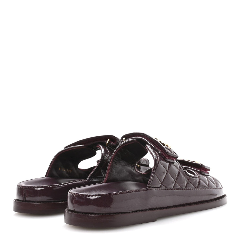 Chanel Shiny Calfskin Quilted Velcro Dad Pearl CC Slide Sandals  40 Burgundy