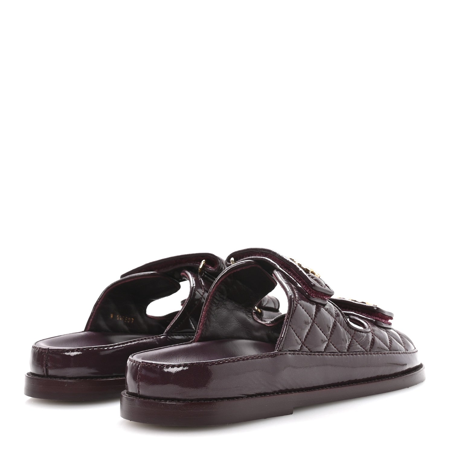 Chanel Shiny Calfskin Quilted Velcro Dad Pearl CC Slide Sandals  40 Burgundy