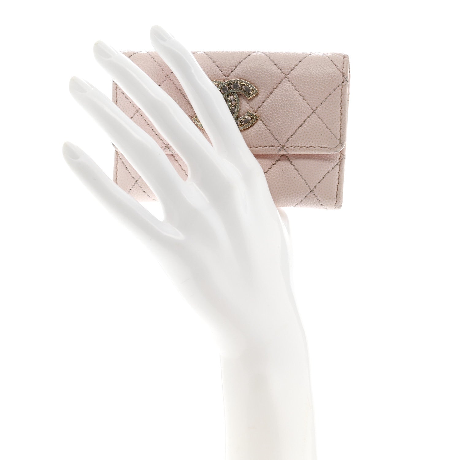 Caviar Quilted Crystal CC Flap Card Holder Pink