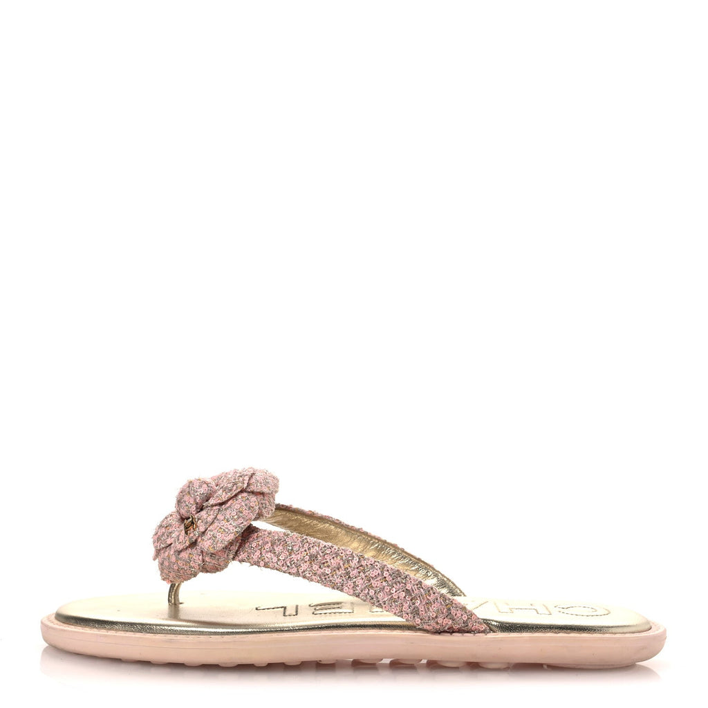 Chanel Tweed Camellia Thong Sandals 37.5 Salmon Apricot Gold