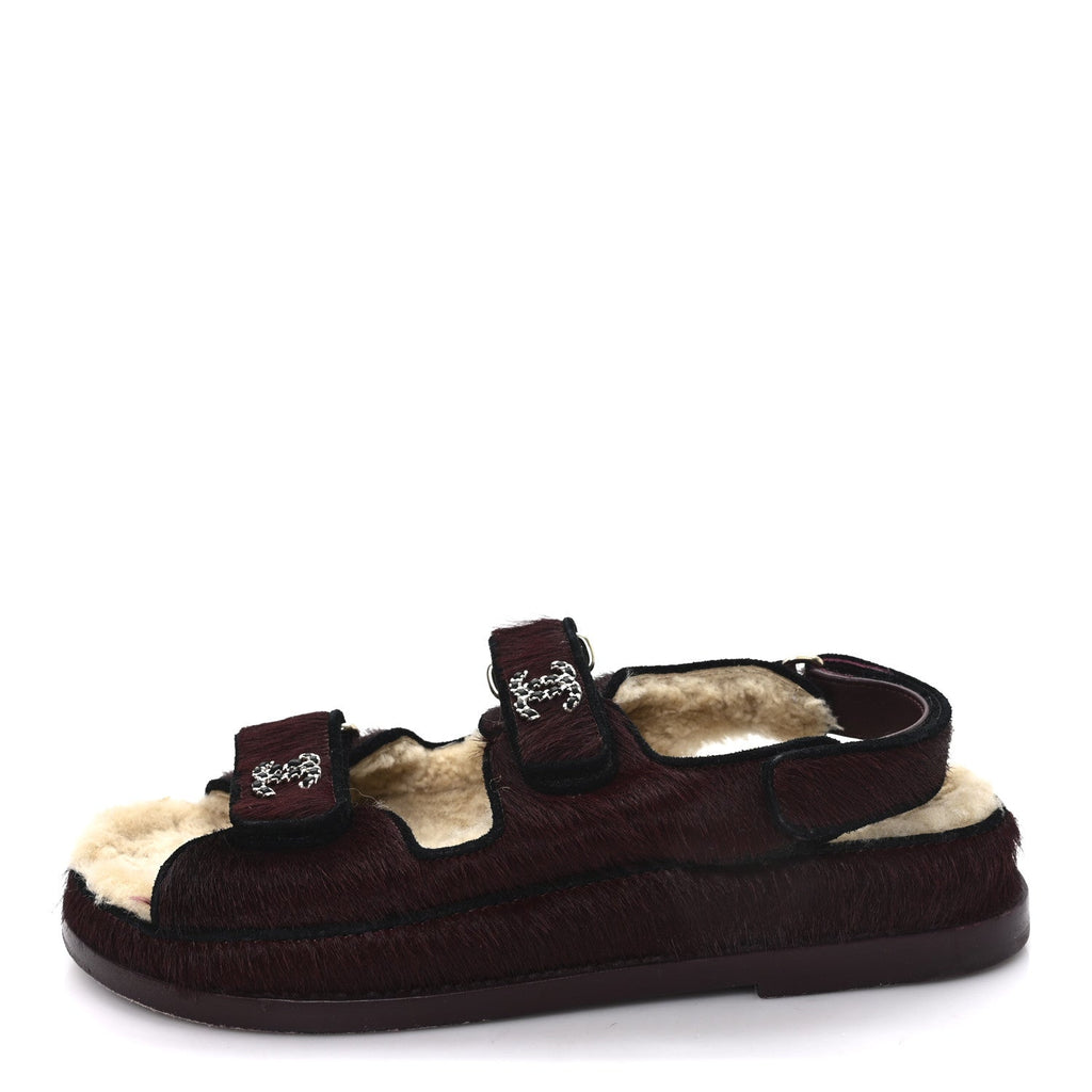 Calf Hair Suede Shearling Dad Sandals 36.5 Burgundy Black