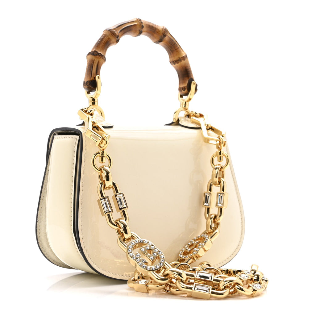 Gucci Patent Crystal Mini Bamboo 1947 Top Handle Chain Bag White