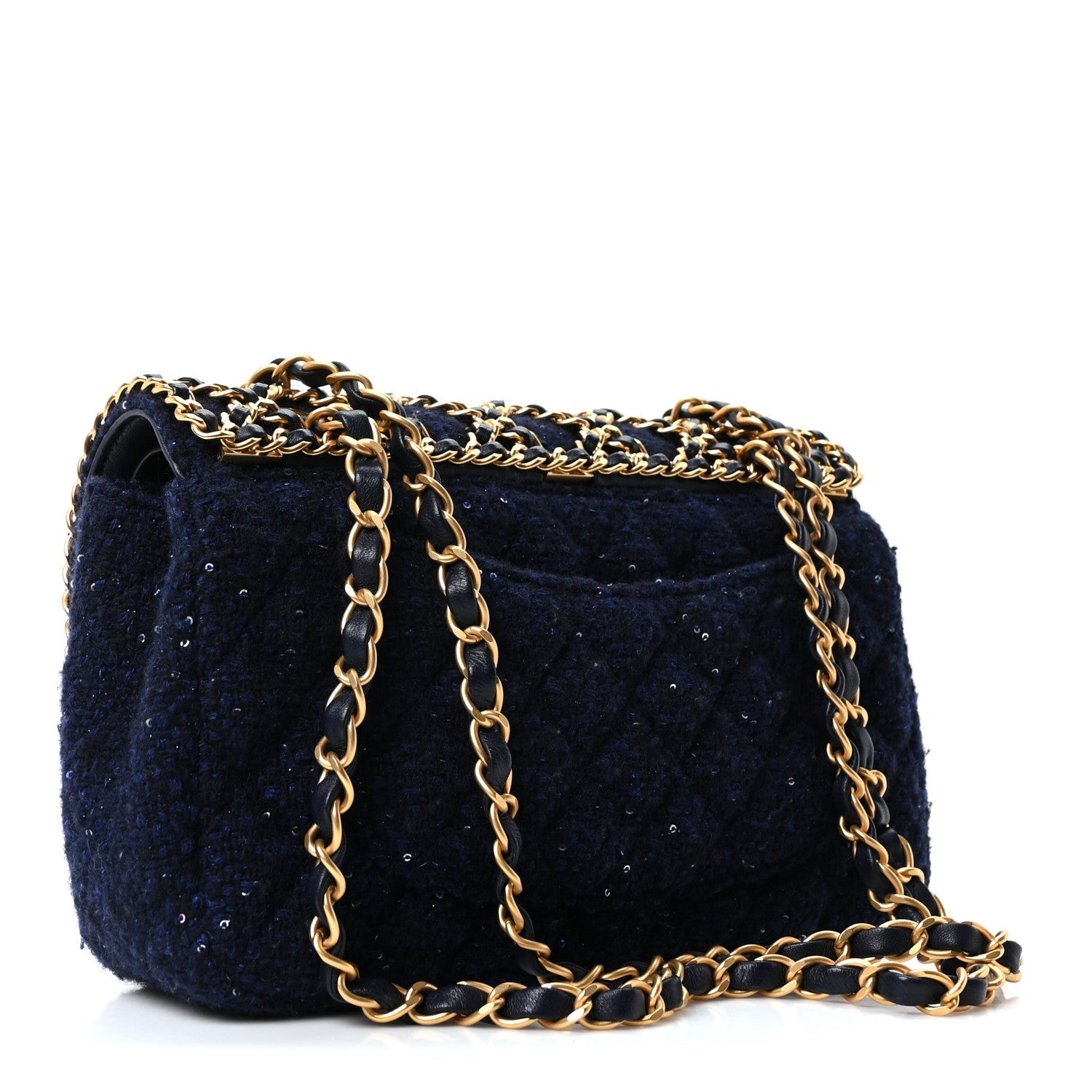 Chanel Tweed Sequin Timeless Classic Chained Double Flap Navy Blue
