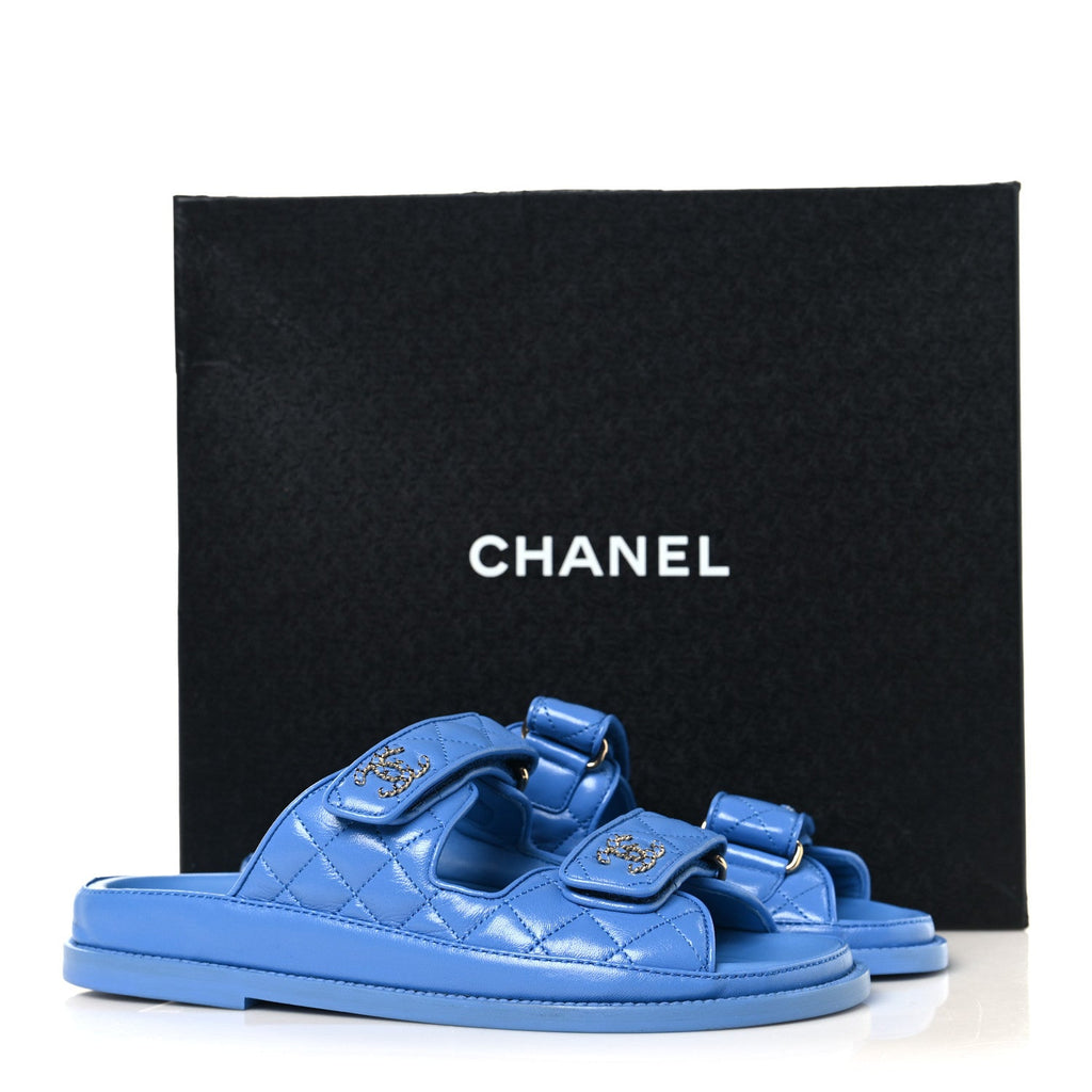 Lambskin Quilted Velcro Dad Chain CC Slide Sandals 37 Blue