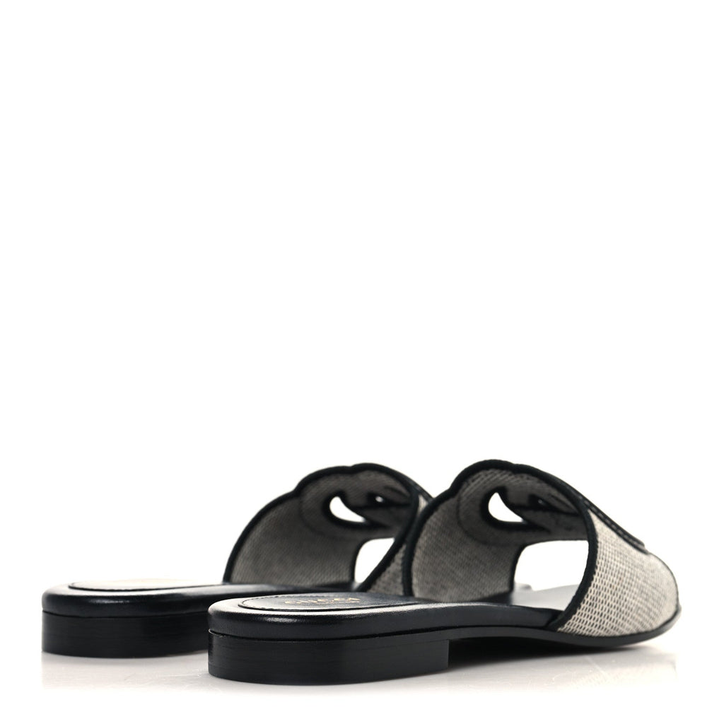 Gucci Canvas Rice Cosmos Softy Calfskin Interlocking G Cut Out Slide Sandals 37.5 Black Natural