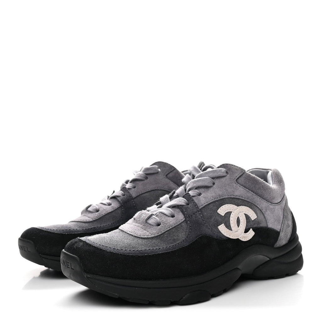 Chanel Suede Calfskin CC Sneakers 36.5 Black Grey