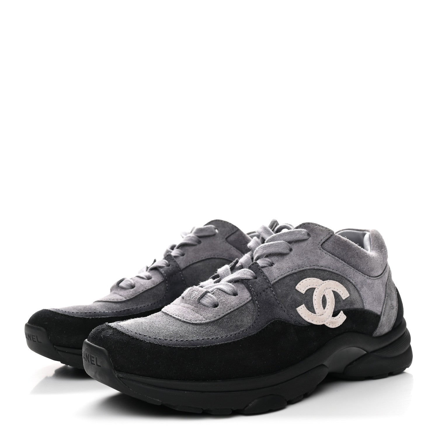 Chanel Suede Calfskin CC Sneakers 36.5 Black Grey