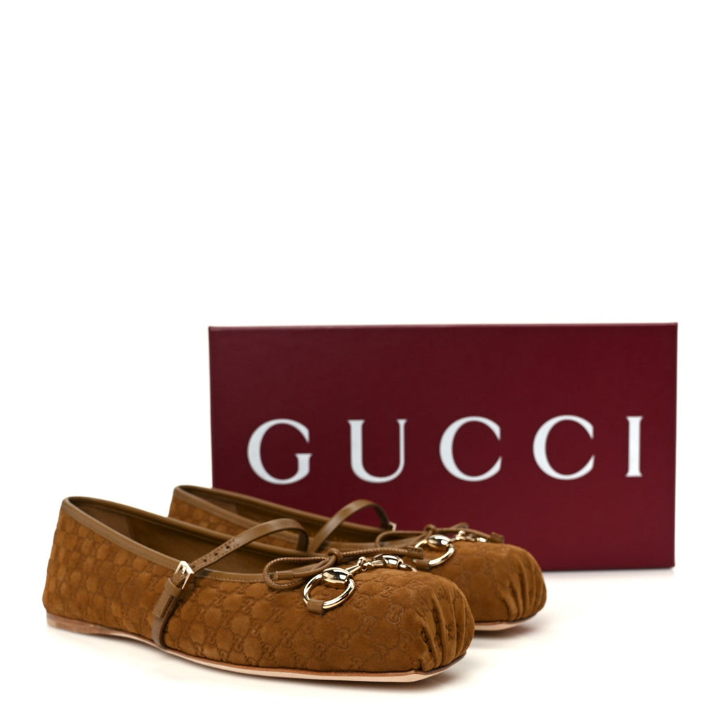 Gucci Kid Scamosciato Micro GG Monogram Horsebit Ballet Flats 37.5 Cuoio Dafne