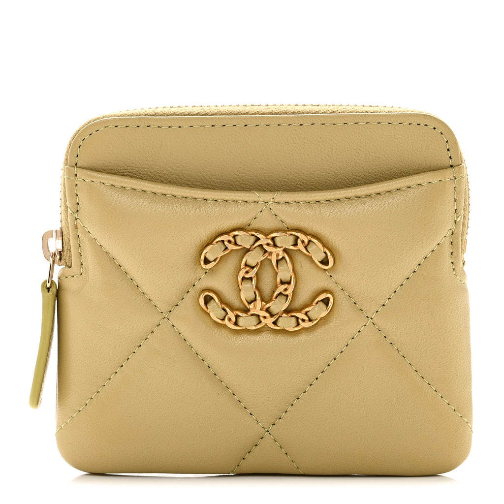 Lambskin Quilted Chanel 19 Zip Card Holder Wallet Light Green