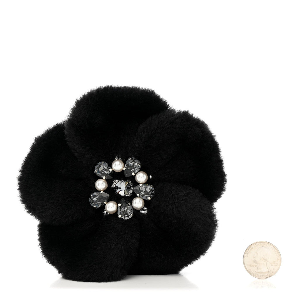 Faux Fur Strass Camellia Brooch Black