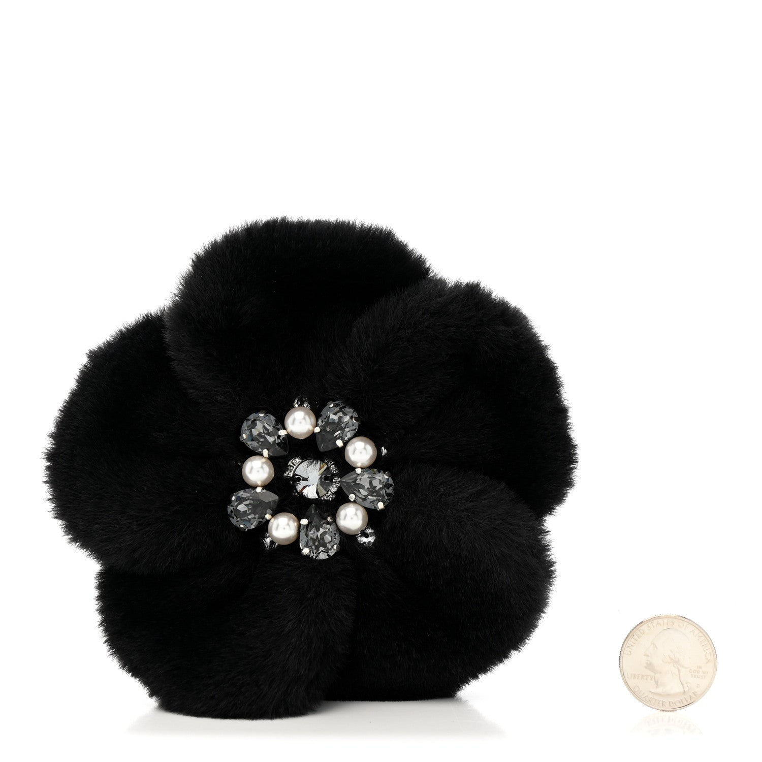 Faux Fur Strass Camellia Brooch Black