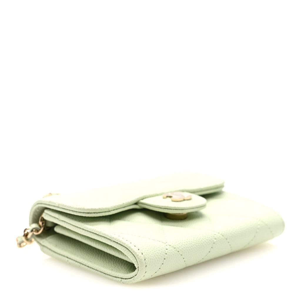 Chanel Caviar Quilted Flap Card Holder On Chain Light Green