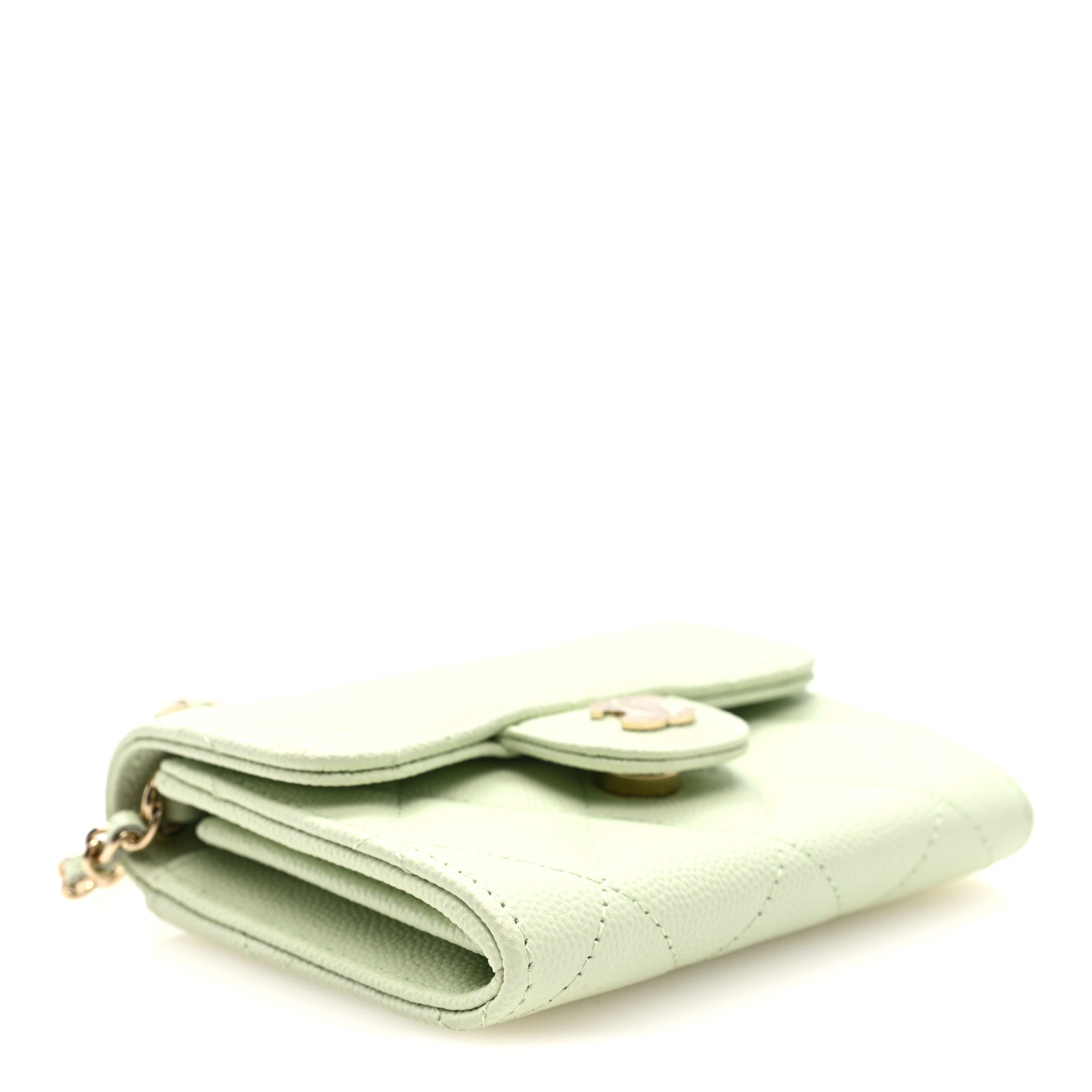 Chanel Caviar Quilted Flap Card Holder On Chain Light Green